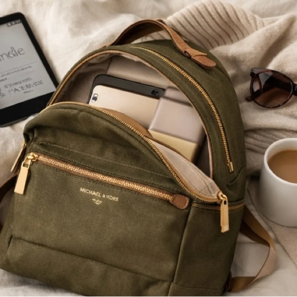 Michael Kors Olive Green Backpack Gold Hardware Travel Commuter Bag Like New